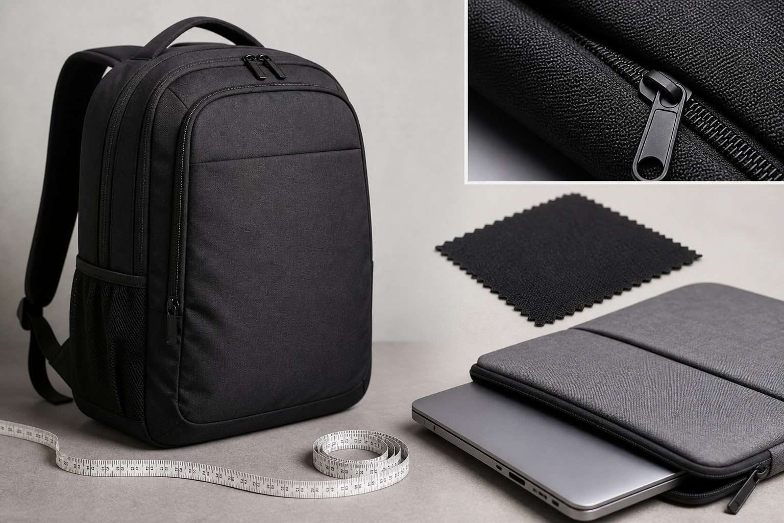 Detalle de un producto con cinta métrica, materiales y accesorios compatibles