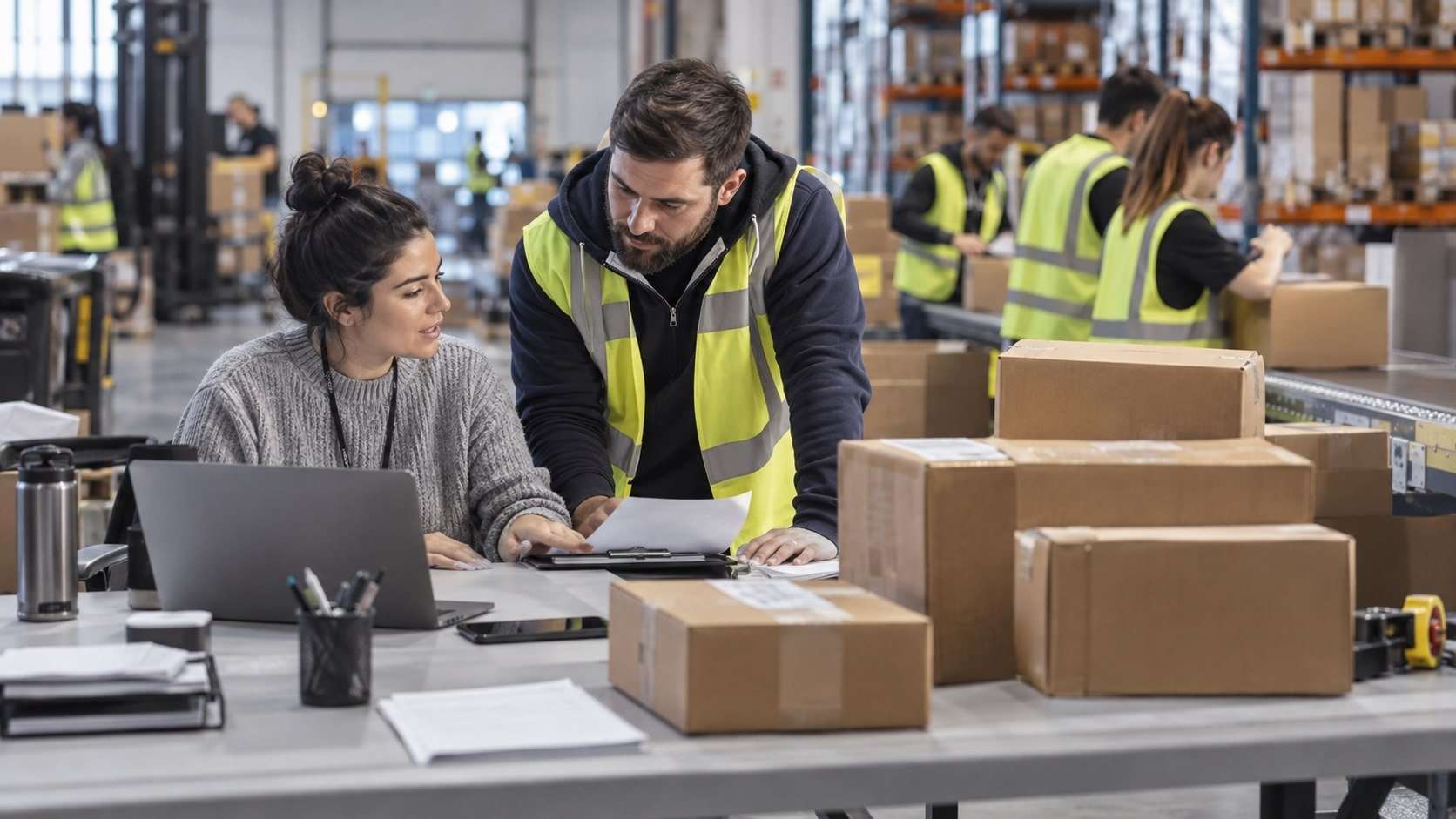 Personal de atención y almacén revisa pedidos durante un pico de ventas