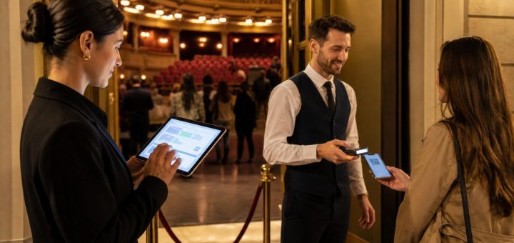Personal de un teatro gestionando entradas digitales y acceso de público