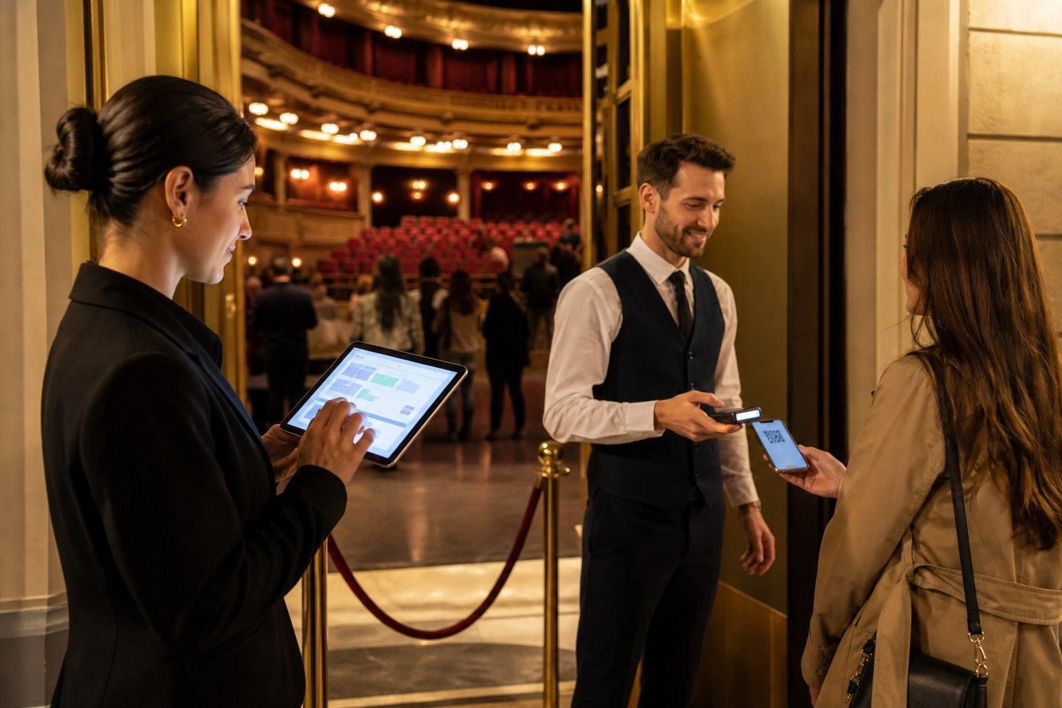 Personal de un teatro gestionando entradas digitales y acceso de público